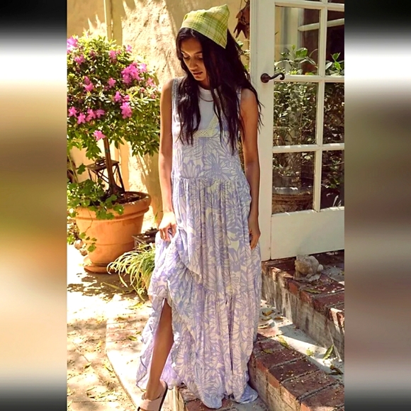 Free People Other - New! Free people slip on boho-chick tier cornflower combo maxi dress sz S lilac